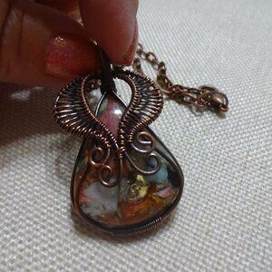 Rustic OYSTER TURQUOISE Handmade COPPER WIRE-WRAPPED PENDANT/Chain #361C
